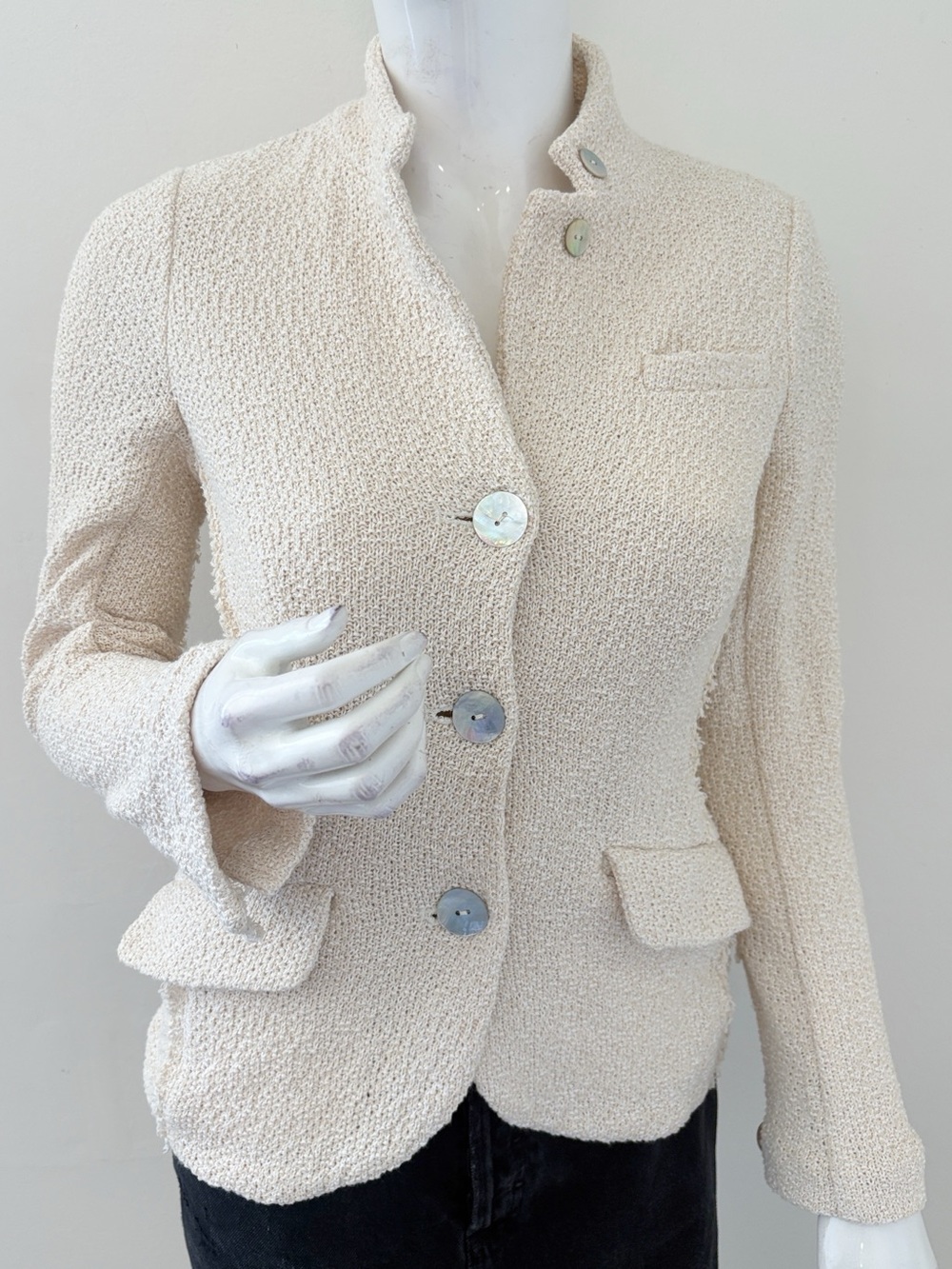 rag & bone Slade Knit Cotton Cream Textured Single Button Mandarin Collar Blazer